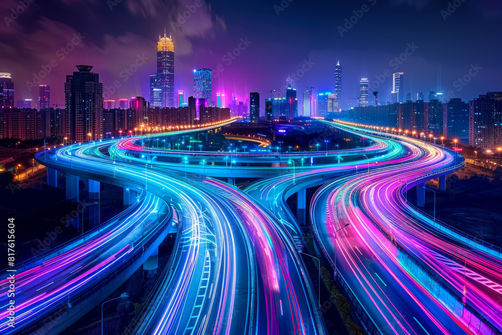 Two parallel expressways cutting through the cityscape, stretching into the distance. Rather than traditional vehicle lights, the expressways are illuminated with vibrant, swirling lights Two parallel expressways cutting through the cityscape, stretching into the distance. Rather than traditional vehicle lights, the expressways are illuminated with vibrant, swirling lights