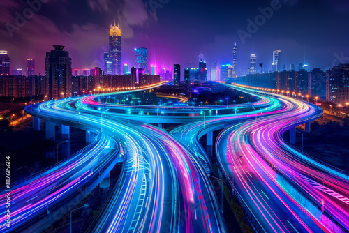 Two parallel expressways cutting through the cityscape, stretching into the distance. Rather than traditional vehicle lights, the expressways are illuminated with vibrant, swirling lights photo
