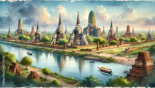watercolor painting of Ayutthaya, Thailand. It captures the ancient temples and ruins scene, with serene details and vibrant colors. photo
