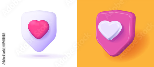 Heart shield icon 3d logo vector graphic illustration red pink purple white color, support safety protection health care life tech, insurance security render, medical healthcare symbol image clip art