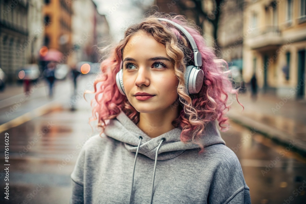 Music lover. A young beautiful curly-haired woman with pink hair listens to music with headphones on an evening street in the city. Peace, harmony, relaxation and relaxation. Music lover. A young beautiful curly-haired woman with pink hair listens to music with headphones on an evening street in the city. Peace, harmony, relaxation and relaxation.