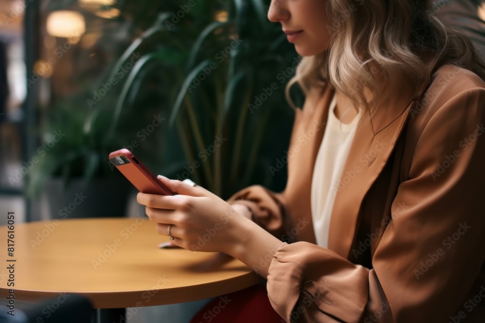 Close Up Photo of a Female Hands Using Mobile Phone in a Cafe An anonymous business woman typing text message on her smartphone while sitting in a coffee shop