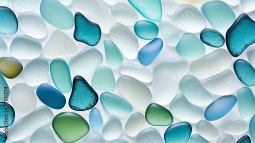 Summer background from sea glass top view. Broken glass from the ocean. Sea pattern. Oceanic mosaic. Natural colors of blue, green, white found on the coast photo