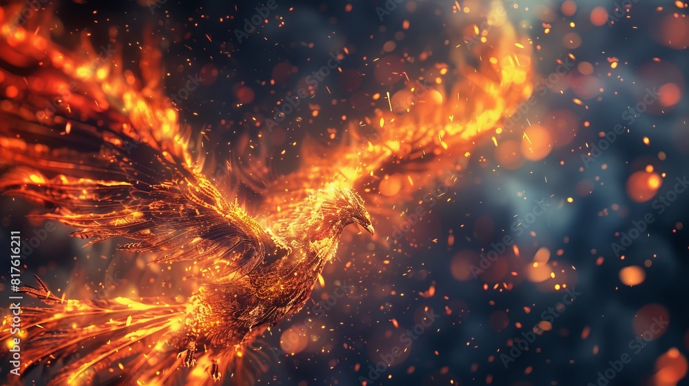 Vivid close-up of a Phoenix in flight, wings ablaze, rising powerfully from ashes, each feather detailed with high-definition focus