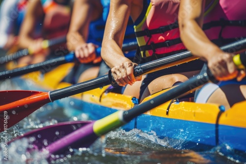 close up four seat women team row in kayak during competition
