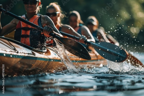 close up four seat women team row in kayak during competition