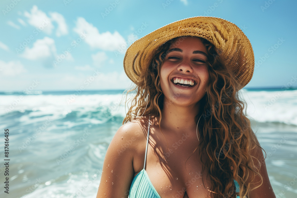 Happy, curvy woman enjoying a summer surfing adventure at the beach.