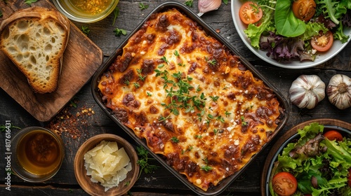 Vibrant top view of a hearty lasagna meal with salad and garlic bread, designed for advertising, showcasing clear textures and colors