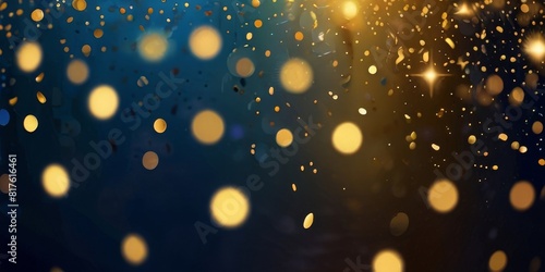 abstract background with dark blue and gold particles. Christmas and new year golden light particles illuminate bokeh in the background.