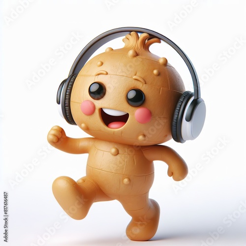cute 3D funny cartoon ginger with small wireless headphone on head smiling and dancing, white background photo