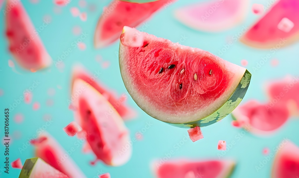 Close up of watermelon flying in the air a colorful background, Generative AI Close up of watermelon flying in the air a colorful background, Generative AI