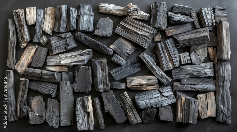 Top view of natural wood charcoal arranged artistically on an isolated background, perfect for advertising, studio lighting Top view of natural wood charcoal arranged artistically on an isolated background, perfect for advertising, studio lighting