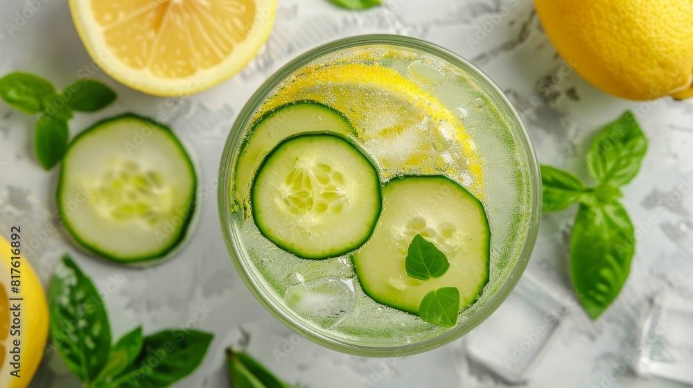 Top view of a refreshing cucumber and lemon detox drink, clear glass presentation, dewy look for effective advertising Top view of a refreshing cucumber and lemon detox drink, clear glass presentation, dewy look for effective advertising