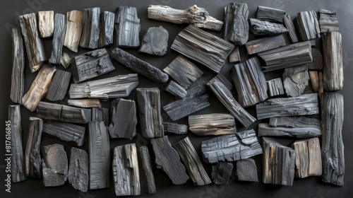 Top view of natural wood charcoal arranged artistically on an isolated background, perfect for advertising, studio lighting