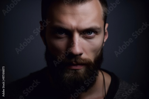 close up portrait of a handsome man with beard and short hair style, he has earring and confident view on dark grey background with copy space. the young man with blue eyes