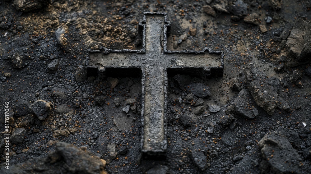 Top view of a Christian cross formed with ash, symbolizing sacrifice and redemption, isolated background for religious advertising