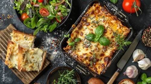 Top view image of lasagna, beautifully accompanied by salad and garlic bread, all elements crisp and clear for ad purposes, isolated background