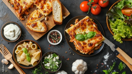 Top view image of lasagna, beautifully accompanied by salad and garlic bread, all elements crisp and clear for ad purposes, isolated background