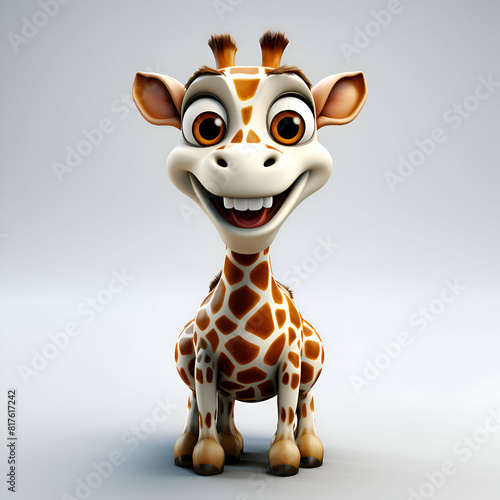 Cartoon giraffe with happy expression on gray background. 3d rendering