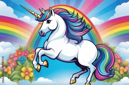 cute cartoon illustration of a unicorn with a rainbow 