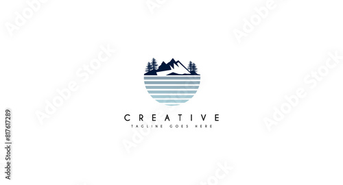 Landscape mountain with pine tree logo design vector illustration.