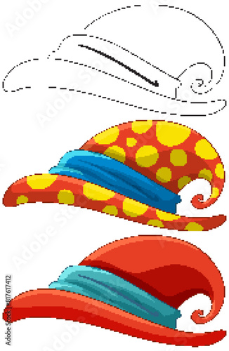 Three whimsical clown hats in different styles