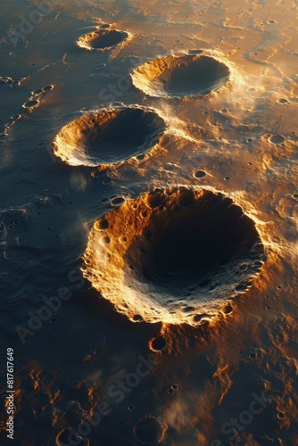 A striking aerial view of lunar craters illuminated by the rising sun  showcasing the rugged terrain and shadows on the moon s surface.