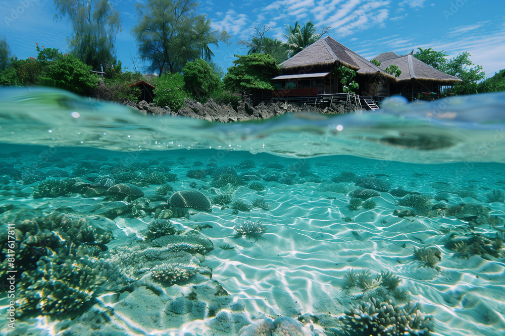 Underwater village crystal clear water white sand closeup