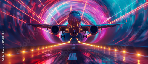 Airplane soaring through a vibrant, swirling abstract tunnel, bright neon colors blending into a psychedelic pattern, highspeed motion blur