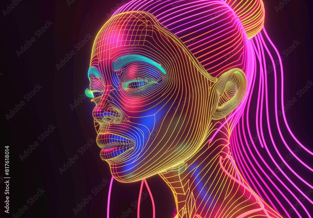 Create an abstract linear art portrait of a woman illuminated by vibrant neon colors against a dark background. Create an abstract linear art portrait of a woman illuminated by vibrant neon colors against a dark background.