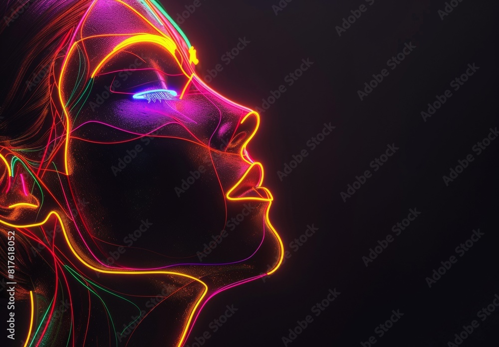 Create an abstract linear art portrait of a woman illuminated by vibrant neon colors against a dark background. Create an abstract linear art portrait of a woman illuminated by vibrant neon colors against a dark background.