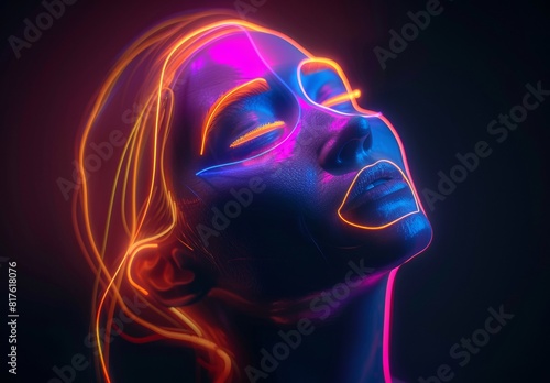 Create an abstract linear art portrait of a woman illuminated by vibrant neon colors against a dark background.