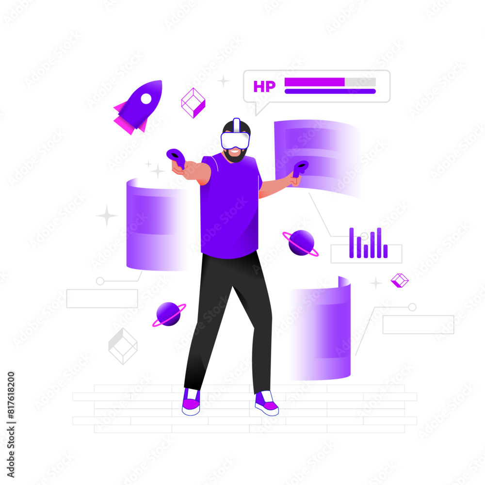 Vector of man playing games using VR headset Vector of man playing games using VR headset