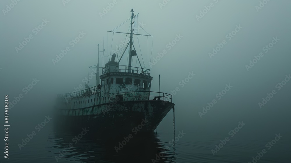 A dark and mysterious ship emerges from the fog. A dark and mysterious ship emerges from the fog.