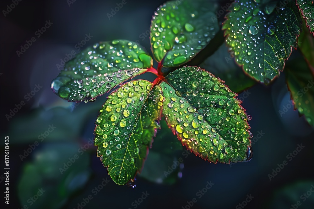 A vibrant green leaf covered in shimmering water droplets, reflecting light and showcasing the beauty of nature A vibrant green leaf covered in shimmering water droplets, reflecting light and showcasing the beauty of nature