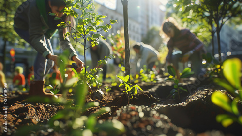 A group of people plant trees in an urban area, contributing to landscaping and creating a healthier urban environment.