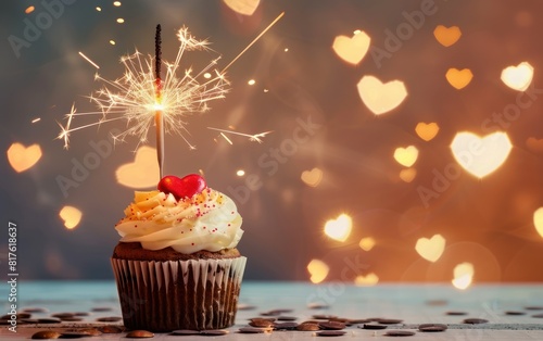 Celebratory Cupcake with Sparkler and Heart Bokeh
