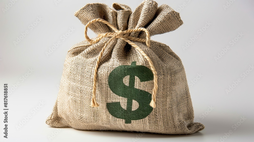 Studio-lit, close-up image of a beige money bag with a green dollar sign, emphasizing themes of wealth and finance, isolated background Studio-lit, close-up image of a beige money bag with a green dollar sign, emphasizing themes of wealth and finance, isolated background