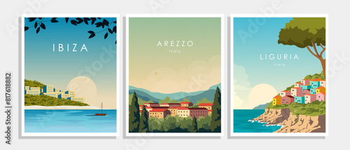 Set of travel posters, cards, covers