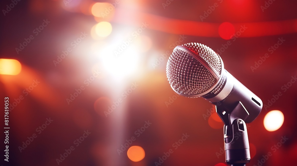 Obraz premium microphone on a concert stage with beautiful lighting background.