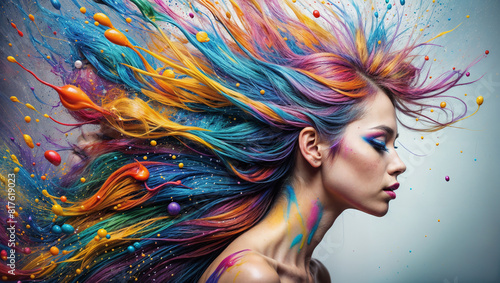 woman. with multi-colored, hair splashes paint