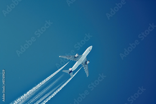 Bottom of white passenger airplane on blue sky