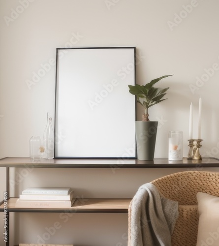 A blank poster frame sits on top of an elegant console table, with a beige wall in the background under soft lighting, the style should be modern and minimalist, the mood peaceful and serene.