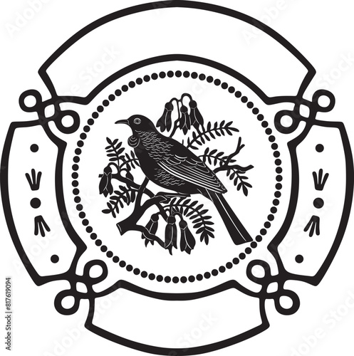 Tui Bird with circle frame and florals vector design handmade silhouette