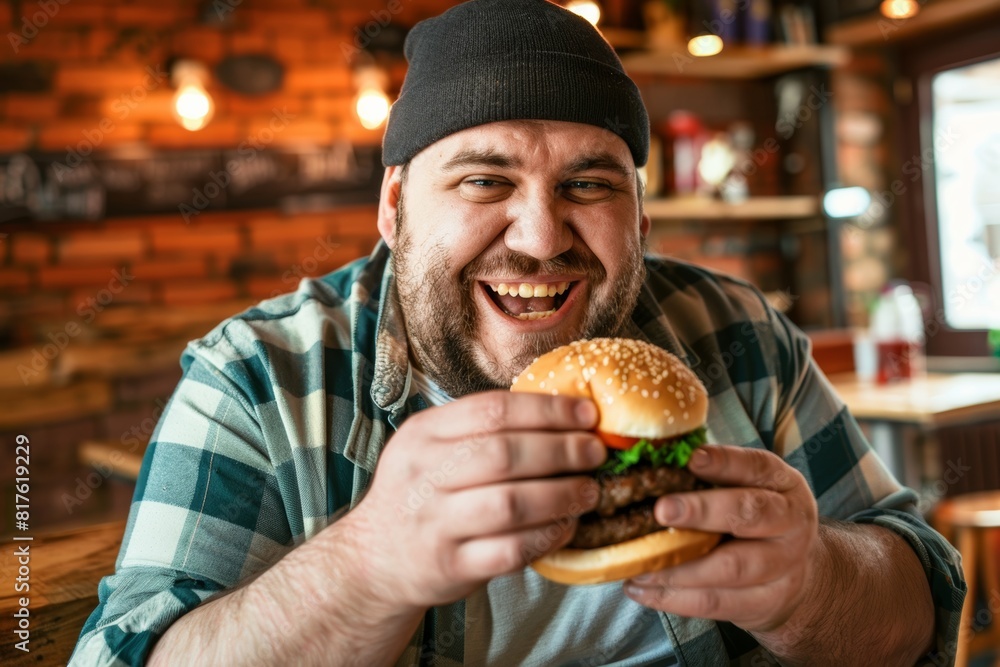 A joyful, overweight man savoring a burger in a lively café, radiating contentment and enjoyment. A joyful, overweight man savoring a burger in a lively café, radiating contentment and enjoyment.
