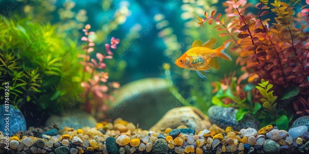Fototapeta premium Goldfish Swimming in Aquarium With Plants and Rocks