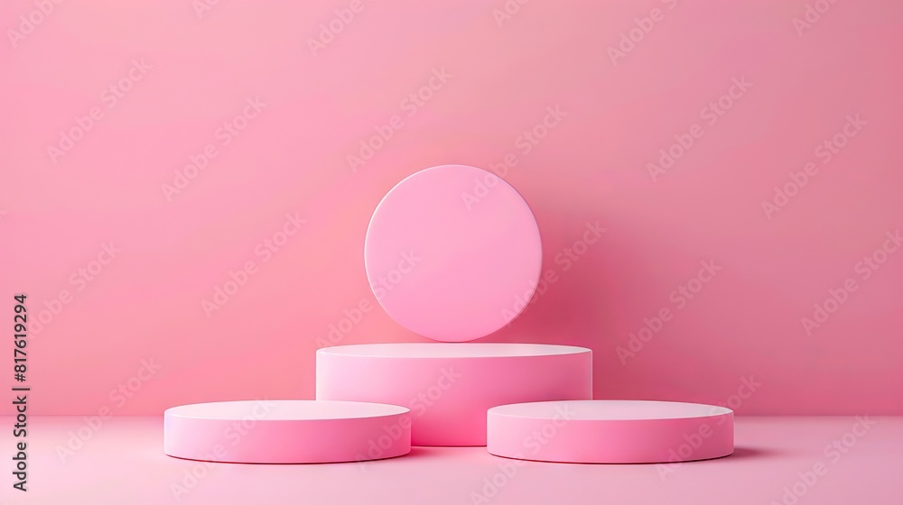 A pink table with three white pedestals. A pink table with three white pedestals.