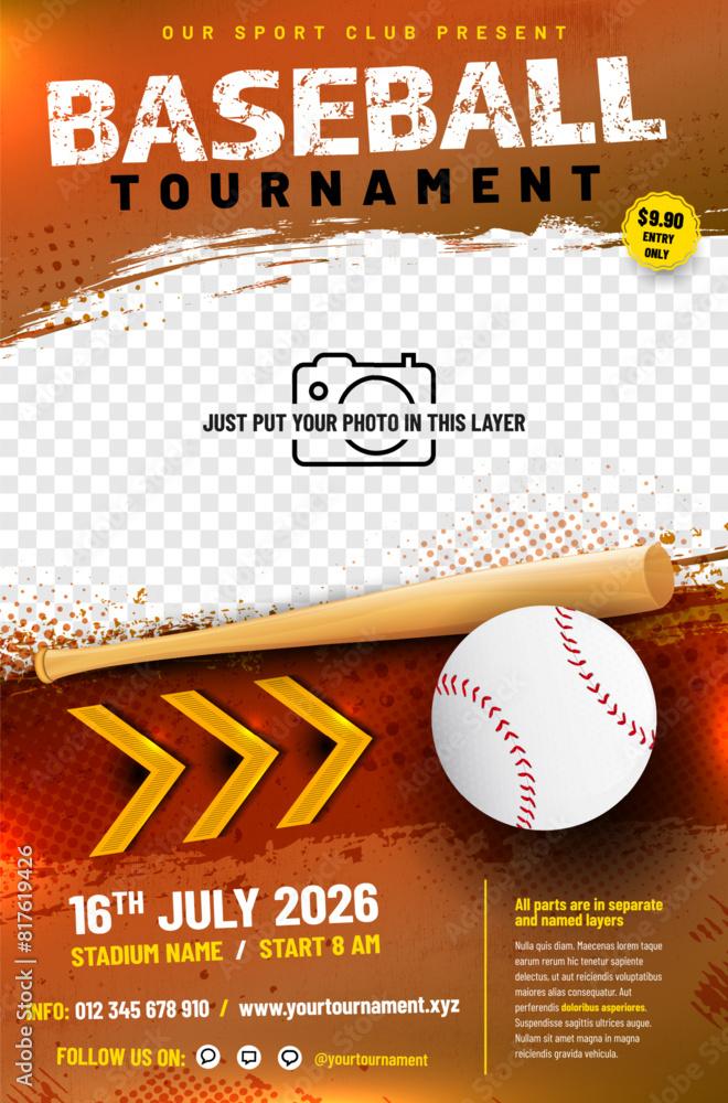© Jaroslav Machacek - Baseball tournament poster template with bat, ball and place for your photo © Jaroslav Machacek - Baseball tournament poster template with bat, ball and place for your photo