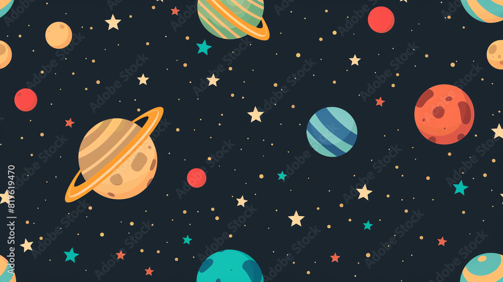 Colorful planets and stars floating in the dark cosmos with a playful design Colorful planets and stars floating in the dark cosmos with a playful design