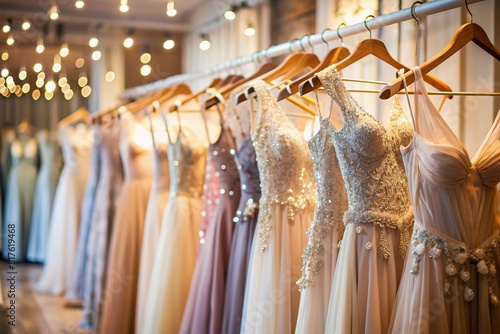 Rent dresses for evening events. Close-up. Elegant women's dresses hang on white hangers on a barbell in the salon store. © Юлия Клюева